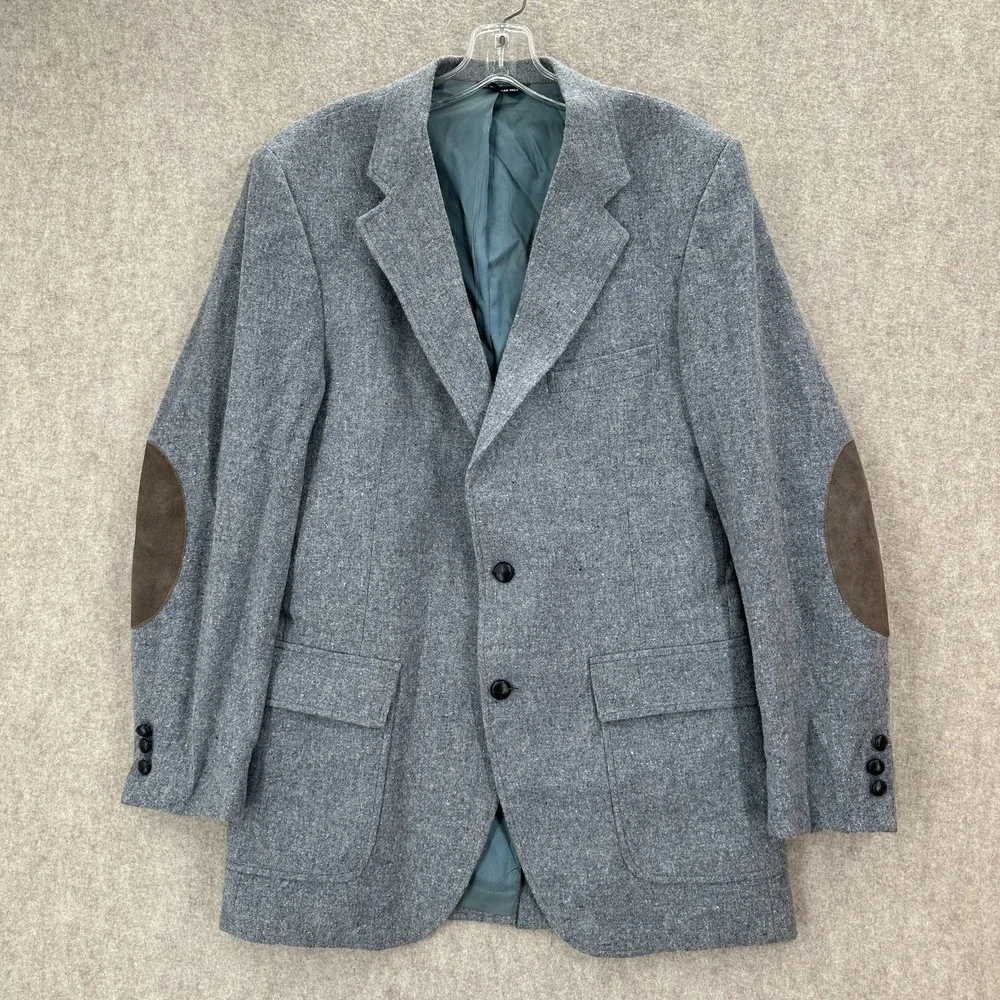 VTG Tweed Sport Coat Mens 42 L Grey/Blue Wool Blazer Elbow Patches‎ USA